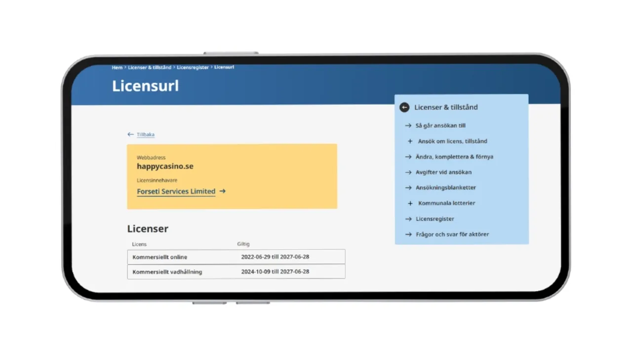 Skärmdump på svensk spellicens för Forseti Services Limited och happycasino.se.