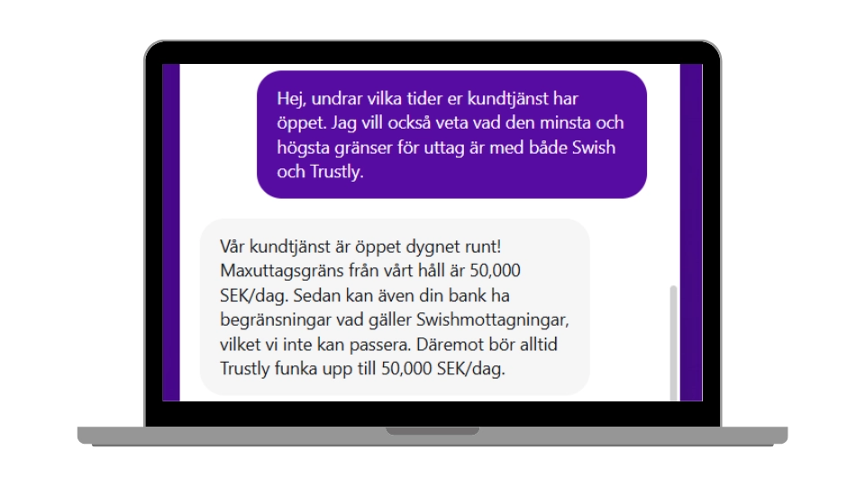 Kundtjänstchatt som bekräftar dygnet runt-öppet och uttagsgränser på 50 000 kr per dag.