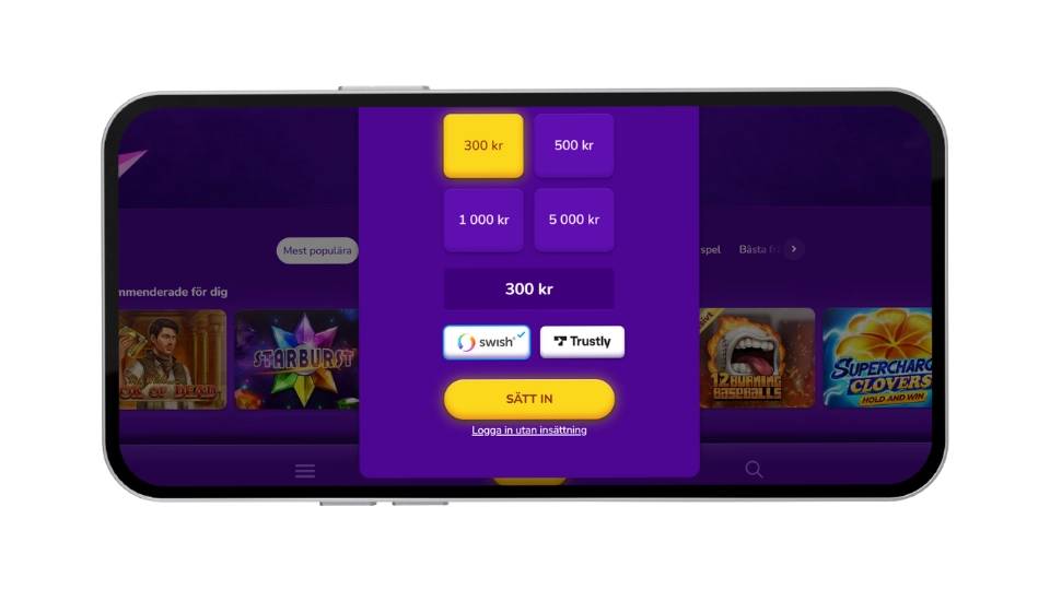Insättningsvy hos Happy Casino med Swish och Trustly för snabb registrering.