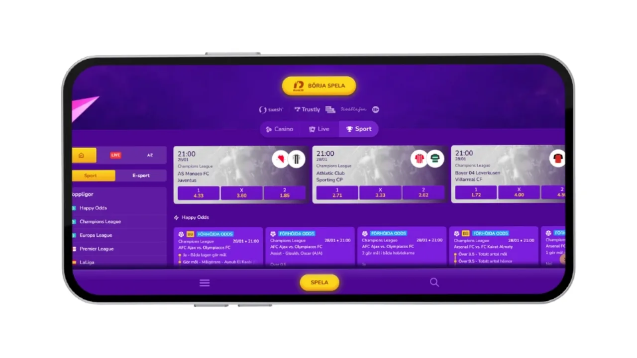 Mobilskärm som visar odds för sportbetting och Champions League i ett lila gränssnitt.