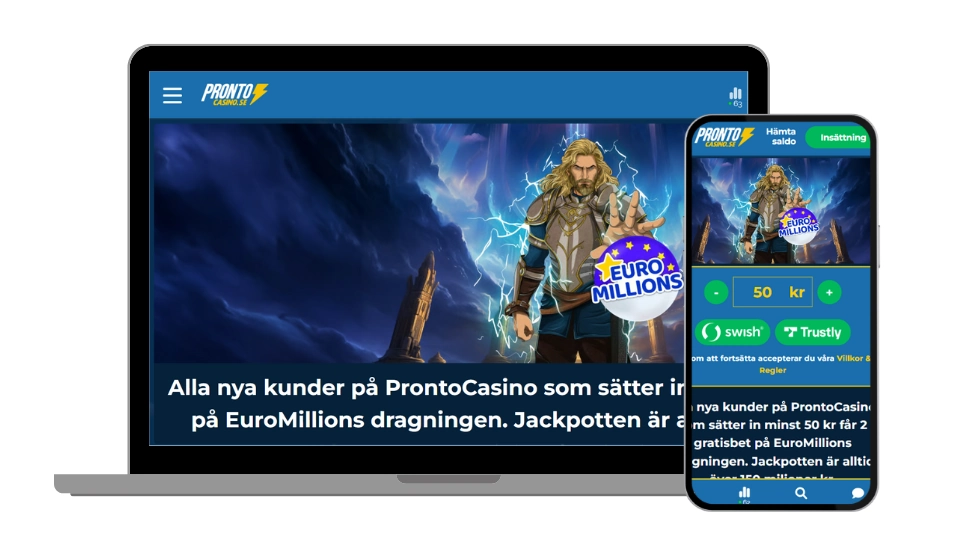 Pronto Casino visas på laptop och mobil med EuroMillions-erbjudande och fantasy-tema.