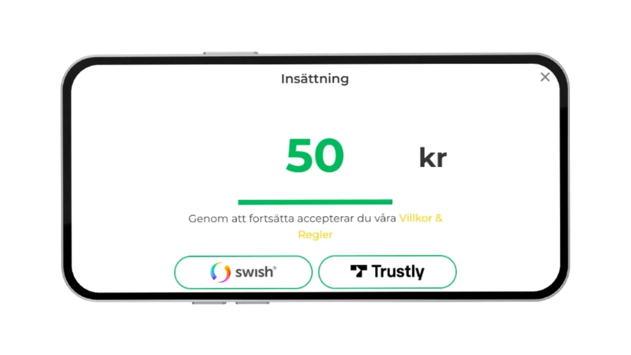 Insättningsvy på mobil för Pronto Casino med val för 50 kr via Swish eller Trustly.