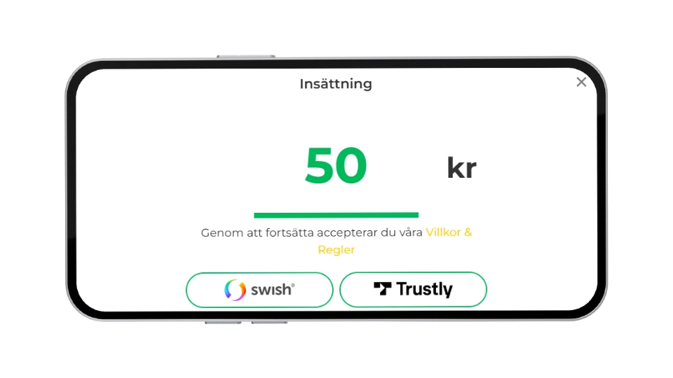 Insättningsvy på mobil för Pronto Casino med val för 50 kr via Swish eller Trustly.