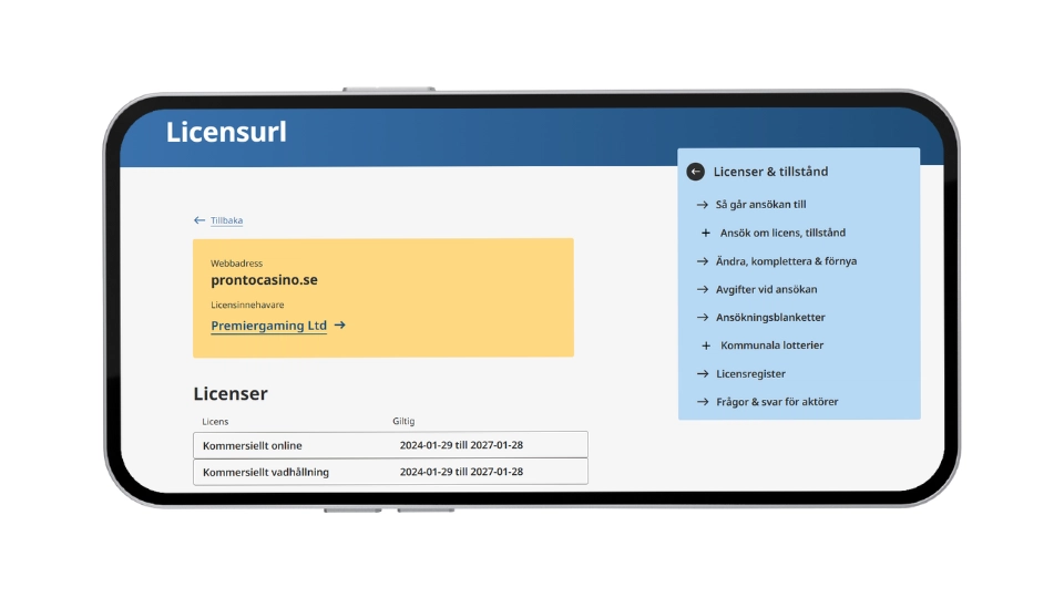 Webbsida på mobil som visar Pronto Casinos svenska spellicens under Premiergaming Ltd.