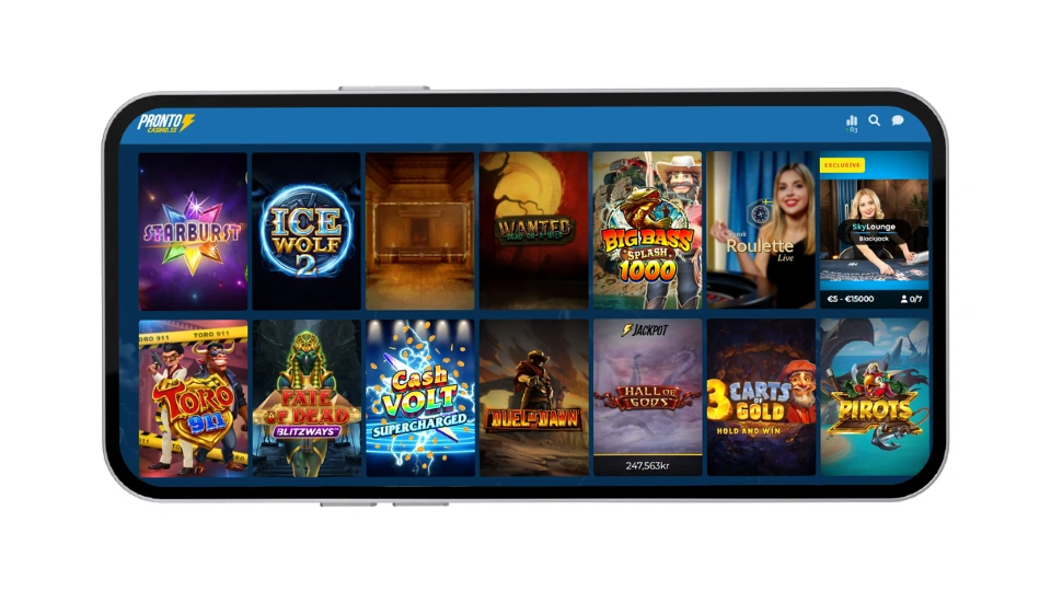 Mobilvy av Pronto Casinos spelutbud med populära slots och live casino-bord.