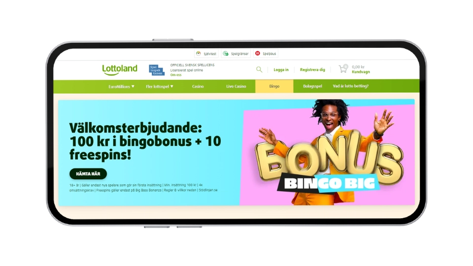 Lottolands välkomstbonus: 100 kr i bingobonus och 10 freespins i mobilvy.