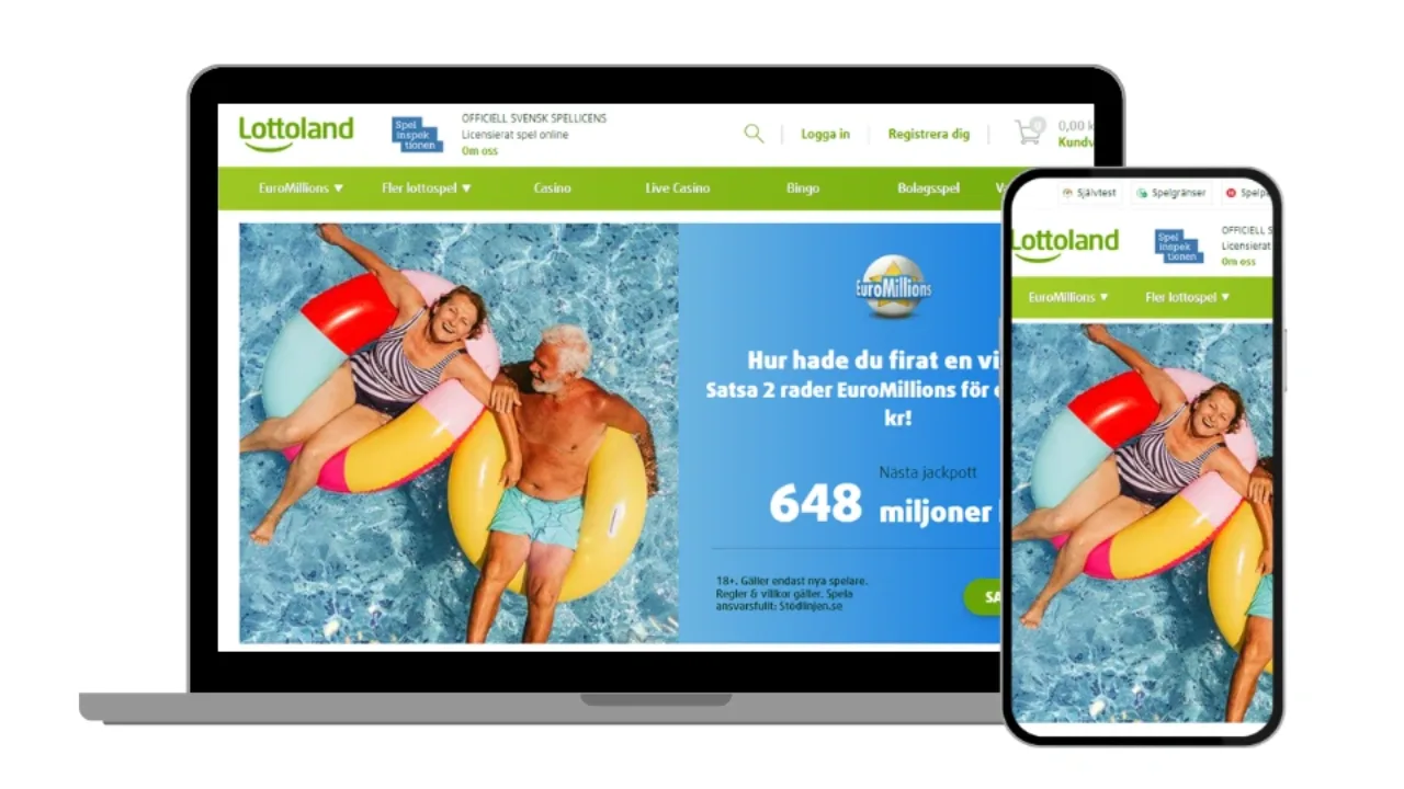 Lottoland hemsida på desktop och mobilskärm.
