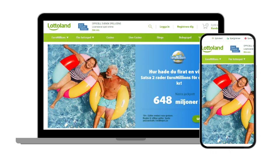 Lottoland hemsida på desktop och mobilskärm.