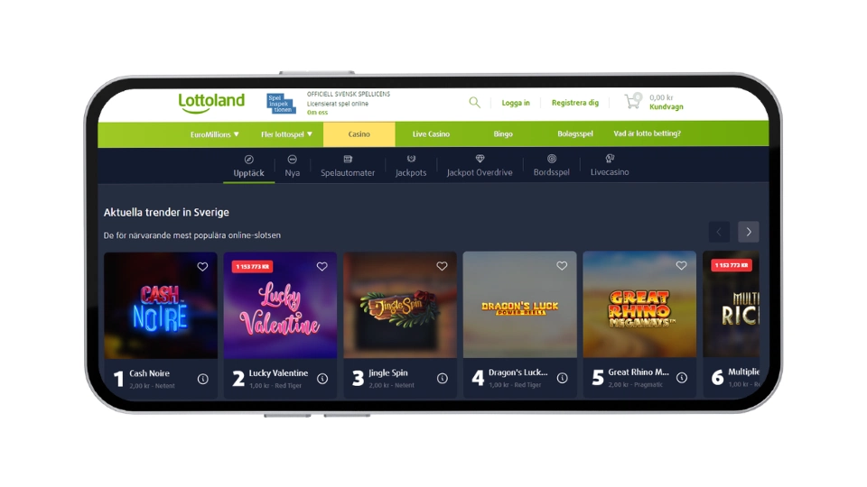 Populära slots hos Lottoland som Cash Noire och Lucky Valentine i en mobilvy.