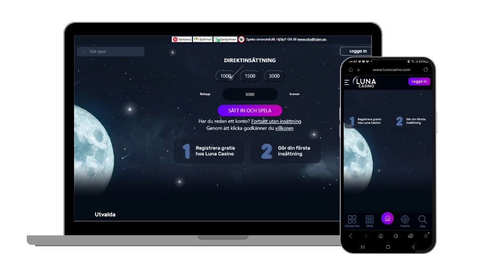 Luna Casinos startsida i både desktop- och mobilvy med fokus på direktinsättning.