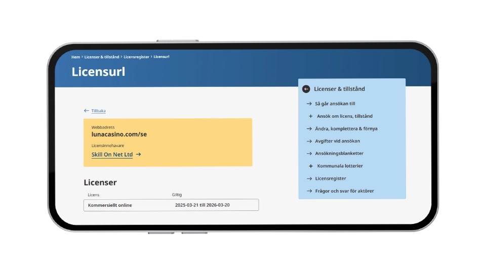 Bekräftelse på Luna Casinos svenska licens från Spelinspektionen för Skill On Net Ltd.