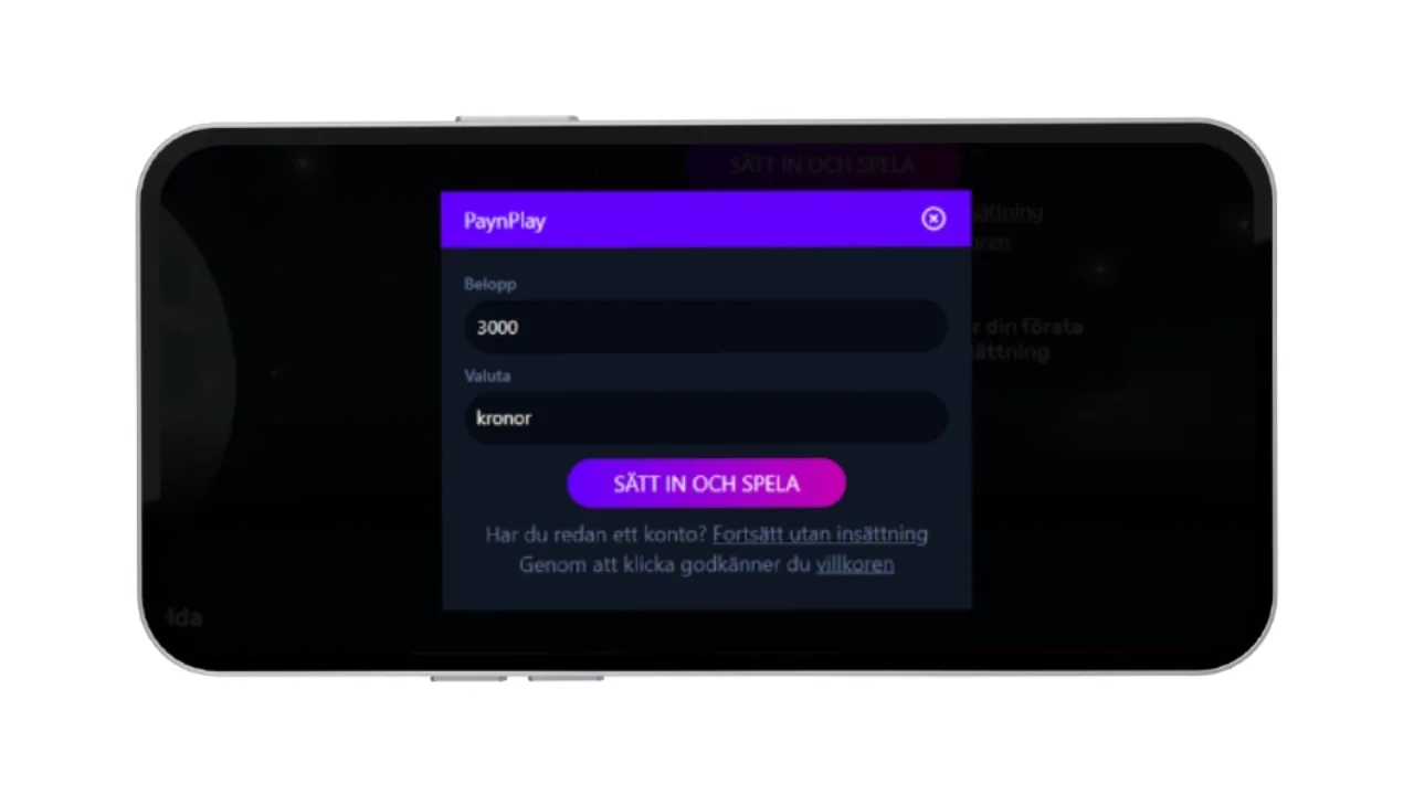 Registreringsvy för Luna Casino i mobil med Pay N Play och insättning via Trustly.