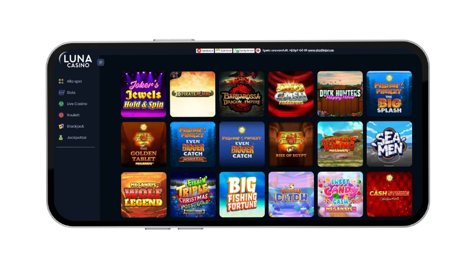 Utbud av slots hos Luna Casino i mobilen med kategorier som jackpottar och live casino.
