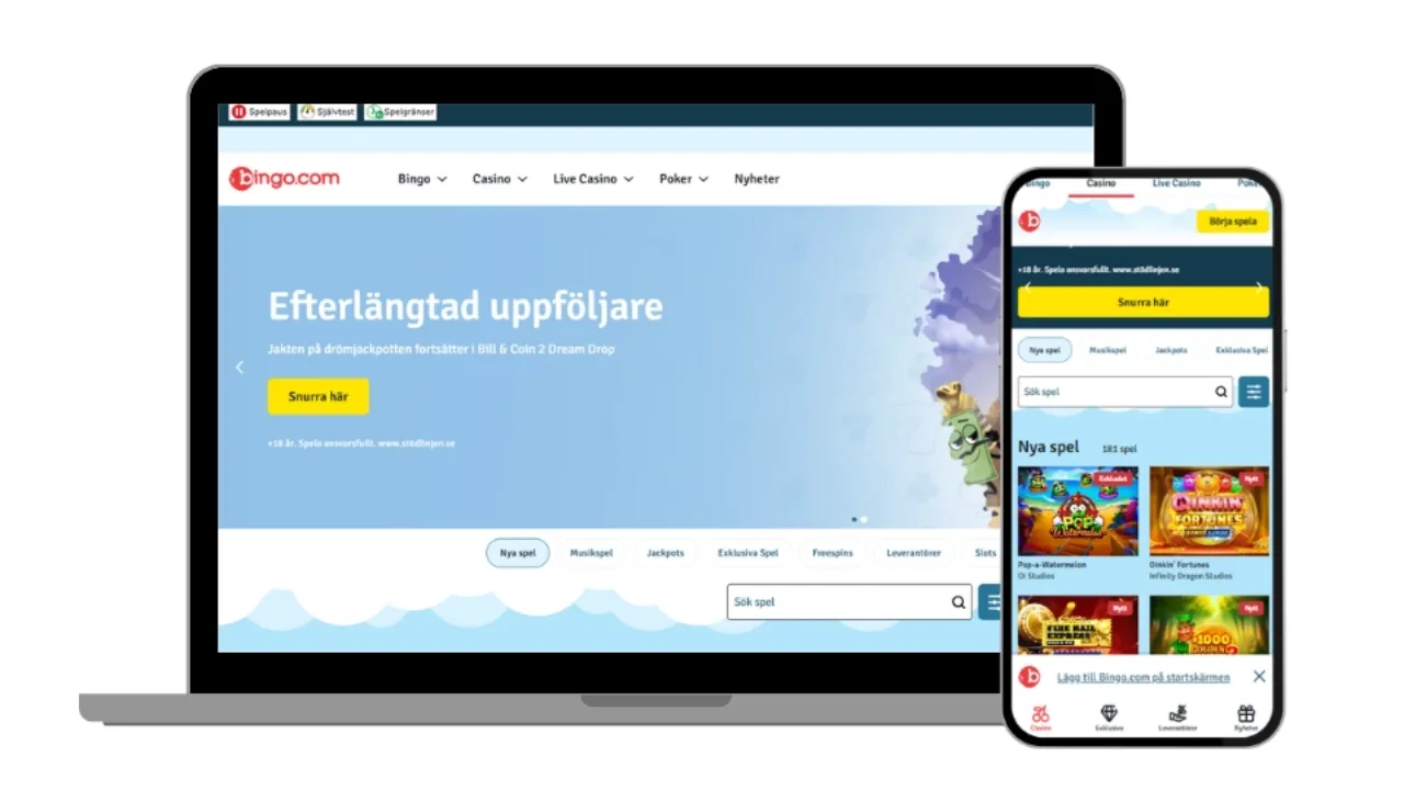 En bärbar dator och en mobiltelefon som visar Bingo.coms hemsida med spelkategorier, kampanjer och aktuella spelautomater.
