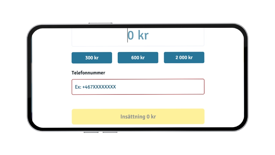 Mobilskärm som visar en insättningssida med beloppsalternativ och fält för telefonnummer.