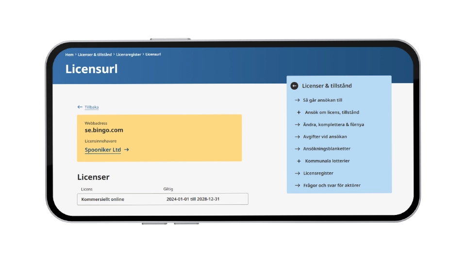 Mobilskärm som visar Spelinspektionens licensinformation för Spooniker Ltd och webbadressen se.bingo.com.