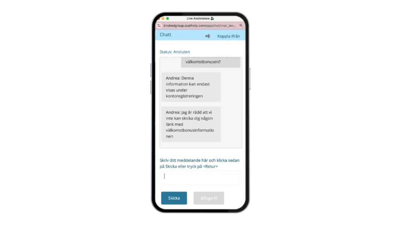 Mobilskärm som visar ett pågående chattsamtal med kundtjänstmedarbetaren Andrea.
