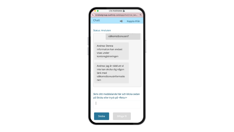 Mobilskärm som visar ett pågående chattsamtal med kundtjänstmedarbetaren Andrea.