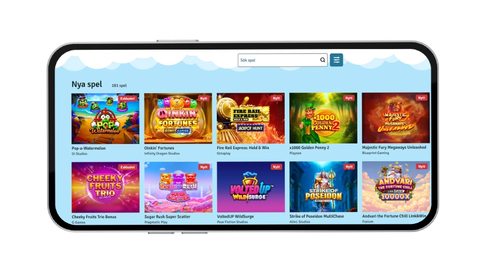Mobilskärm som visar ett spelbibliotek med kategorin "Nya spel", sökfält och olika spelikoner.