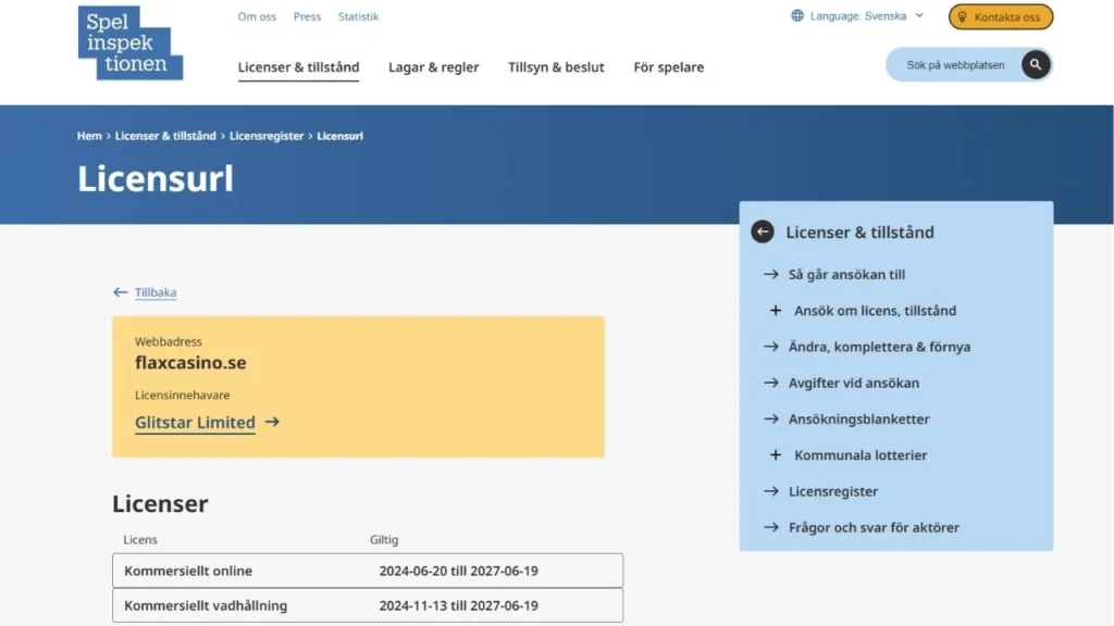 Flax Casinos spellicens i Sverige