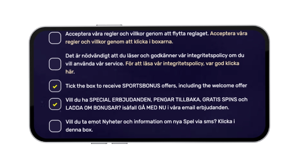 Gränssnitt för att acceptera bonusvillkor och tacka ja till specialerbjudanden via e-post och sms hos Hyper Casino.