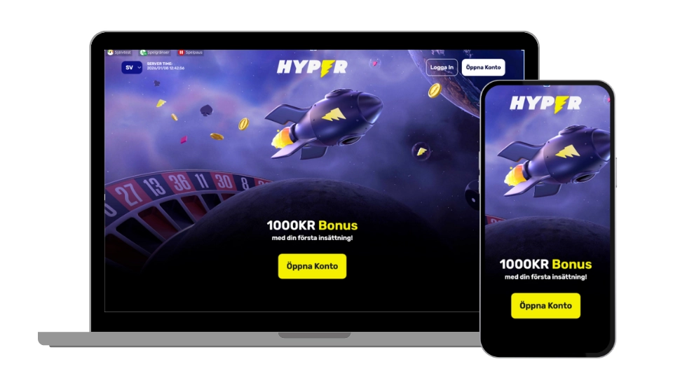 Startsidan för Hyper Casino i både desktop- och mobilvy med erbjudande om 1 000 kr i välkomstbonus.