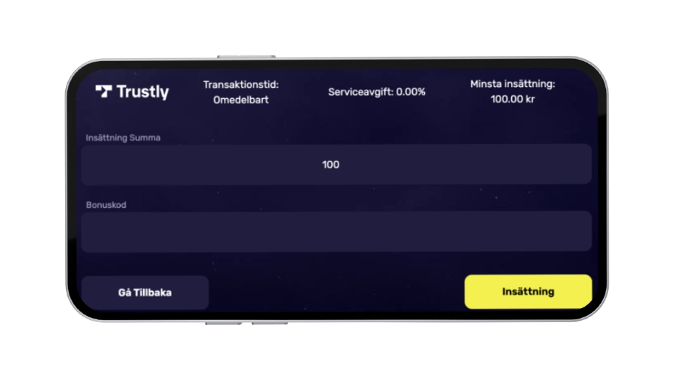 Insättningssida hos Hyper Casino via Trustly som visar minsta insättning på 100 kr och fält för bonuskod.