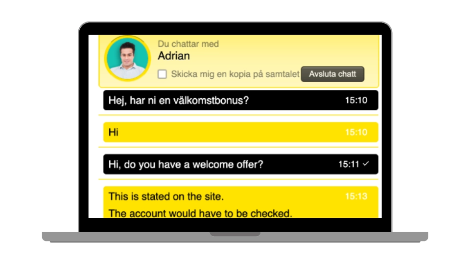 Livechatt hos Hyper Casino där en spelare chattar med agenten Adrian om välkomstbonusar dygnet runt.