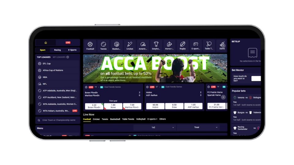 Mobilskärm av Hyper Casinos sportsbook som visar odds för live-matcher, sportkategorier och ACCA Boost.