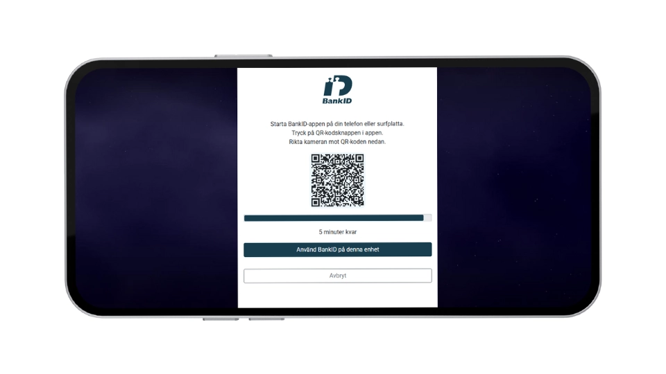 Registreringsvy hos Hyper Casino som visar en QR-kod för verifiering med BankID och alternativet "Använd BankID på denna enhet".