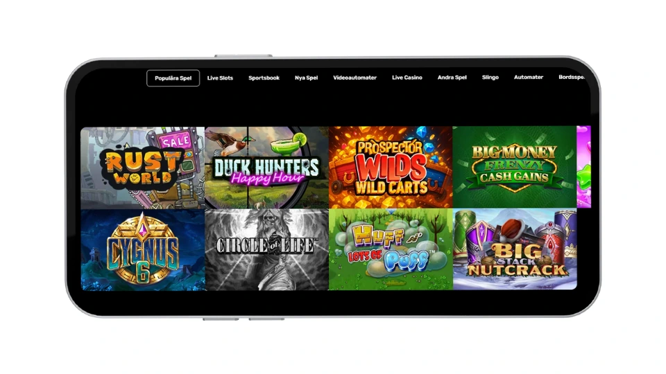 Hyper Casinos spelutbud i mobilen med kategorier som populära spel, live slots och sportsbook samt olika spelautomater.