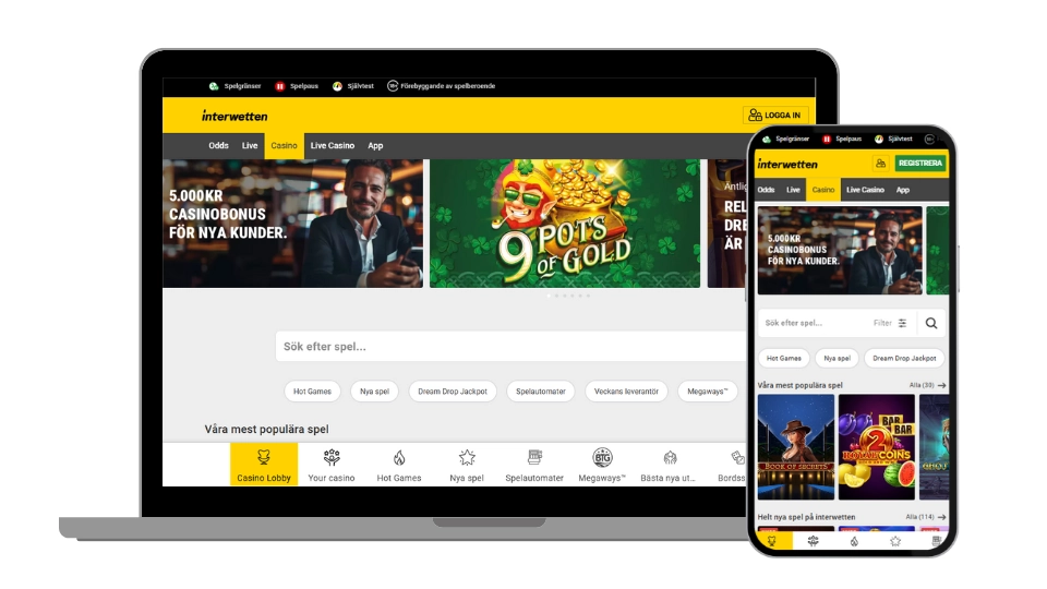 Interwettens casinosida i både desktop- och mobilvy.