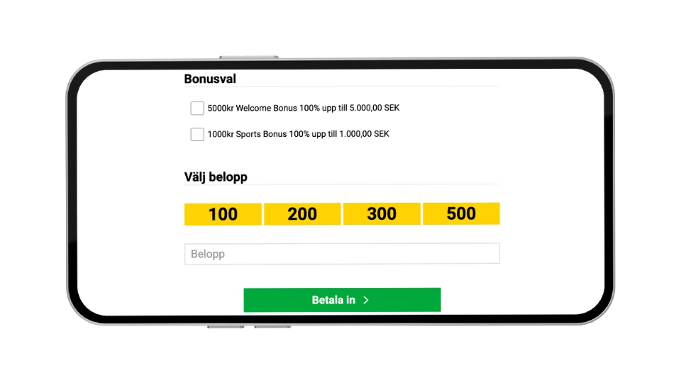 Insättningssida hos Interwetten med bonusval och belopp i en mobil.
