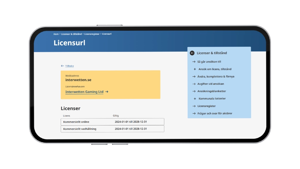 Spelinspektionens sida som visar Interwettens svenska licens.