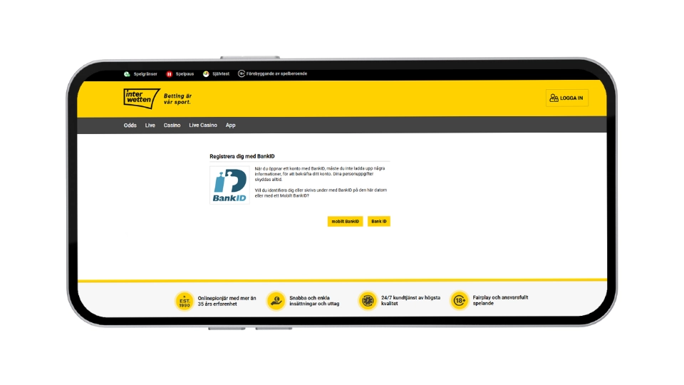 Interwetten registreringssida med BankID-val på en surfplatta.
