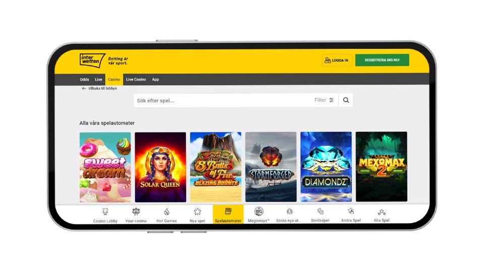 Interwettens spelutbud med slots som Sweet Dream och Solar Queen.