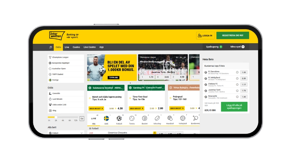 nterwettens oddssida med heta bets och liveodds i mobilen.