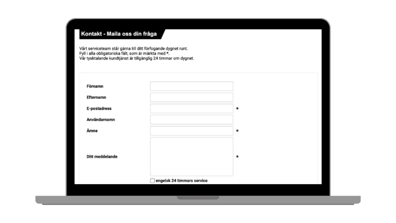 Interwettens kontaktformulär för kundtjänst på en laptop.