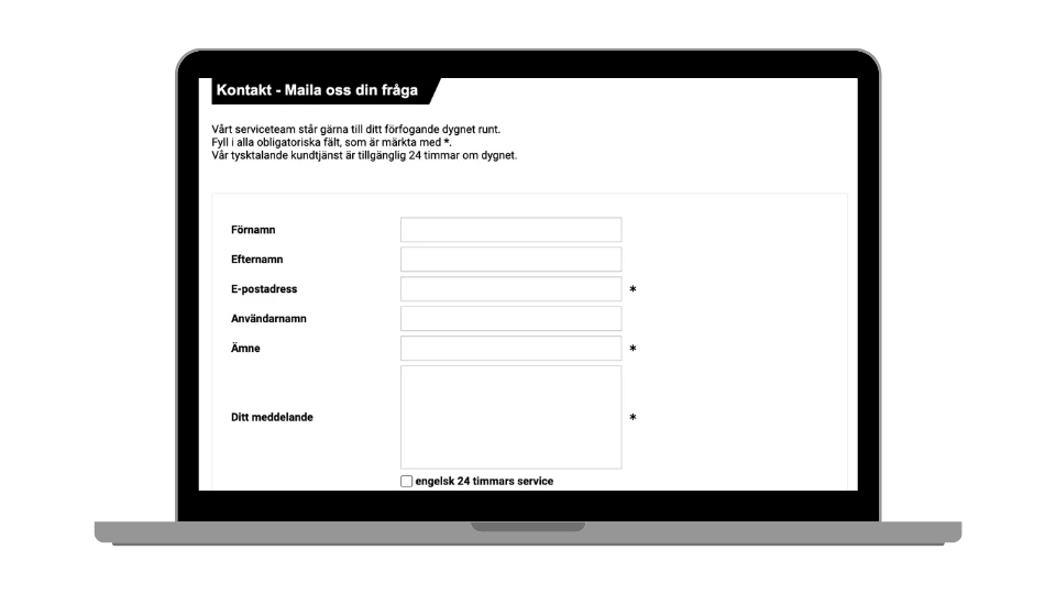Interwettens kontaktformulär för kundtjänst på en laptop.