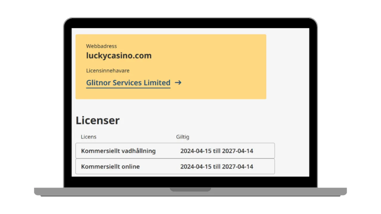 Lucky Casinos licens hos Spelinspektionen.