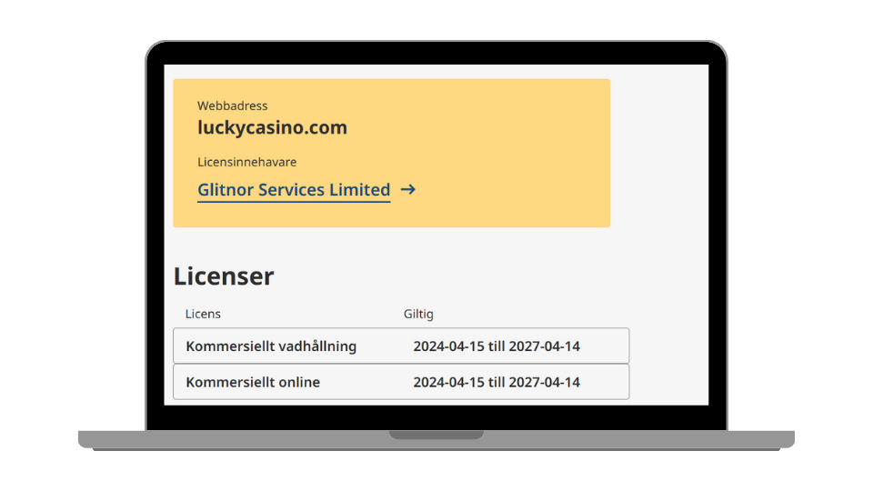 Lucky Casinos licens hos Spelinspektionen.