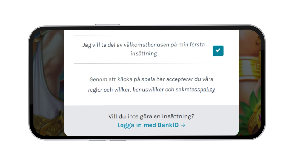 Närbild på Lucky Days registreringsformulär där användaren väljer välkomstbonus och godkänner villkor för att logga in med BankID.