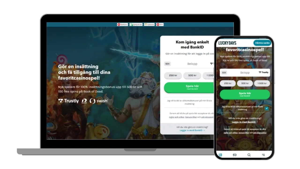 Webbplatsvy av Lucky Days Casino på laptop och mobil.