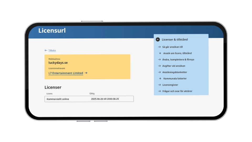 Skärmdump från Spelinspektionen som visar att L7 Entertainment Limited har svensk licens för luckydays.se fram till juni 2030.