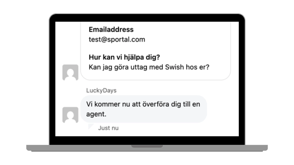 Skärmdump av Lucky Days live-chatt på en laptop där en användare ställer frågor till kundtjänst.