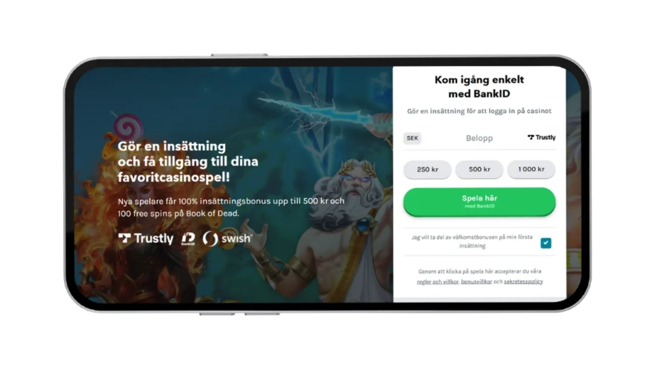 Skärmdump för Lucky Days som visar insättningsmenyn med BankID, välkomstbonus och betalningsalternativ som Trustly och Swish.