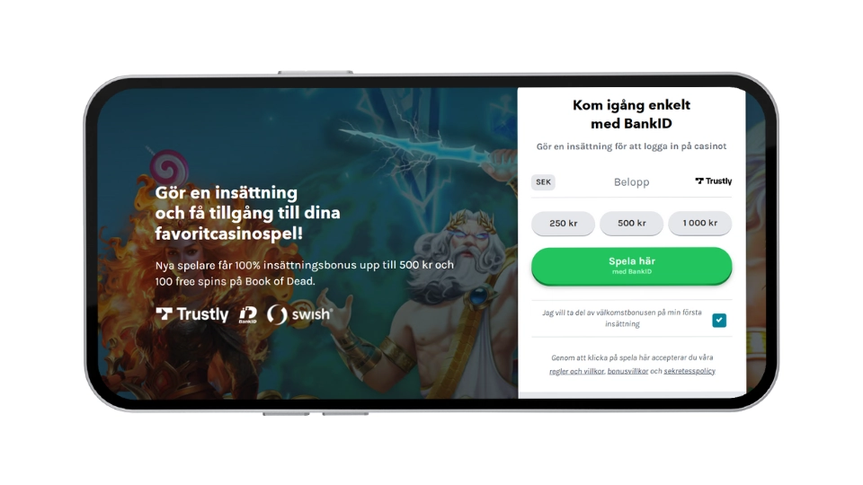 Skärmdump för Lucky Days som visar insättningsmenyn med BankID, välkomstbonus och betalningsalternativ som Trustly och Swish.