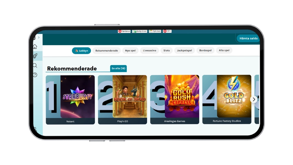 Skärmdump på Lucky Days Casino som visar rekommenderade slots som Starburst och Book of Dead i en spellobby.