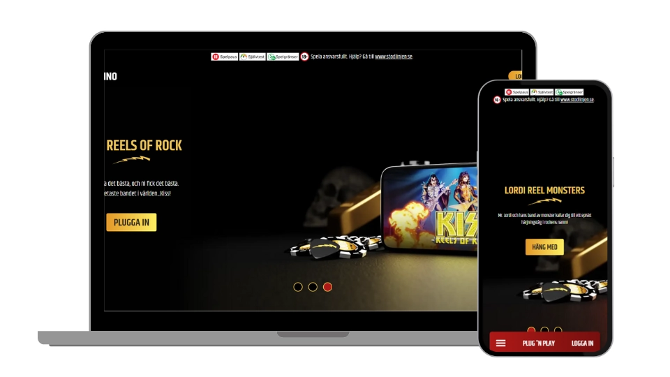 Webbplatsvy av Metal Casino på laptop och mobil som visar deras rocktema och knappen "Plugga in".