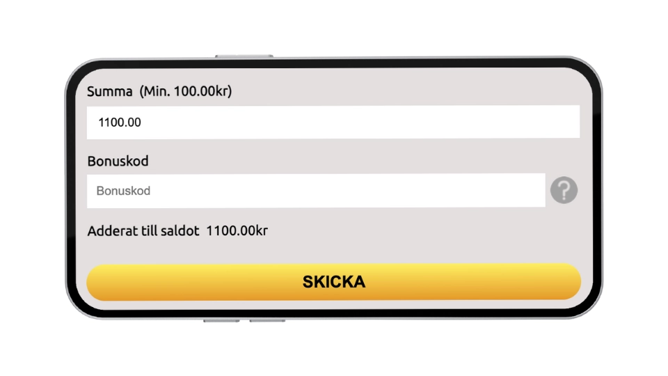 Skärmdump av insättning hos Metal Casino som visar ett fält för belopp (minst 100 kr) och bonuskod.